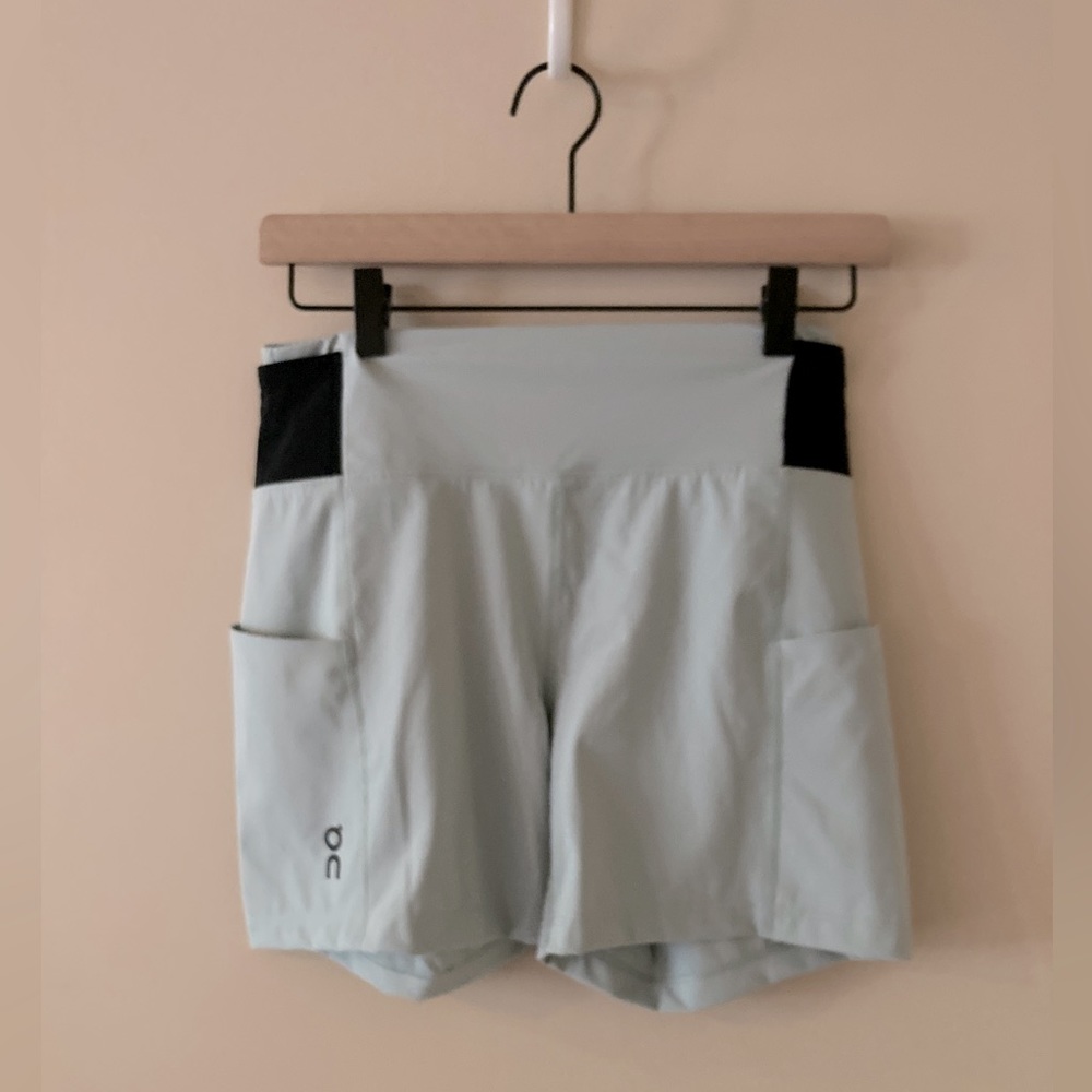 On Running Women's Athletic Shorts - Light blue / green and Black